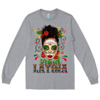 Heather Grey Proud Latina Skull Girl Messy Bun Long Sleeve Tee - texasbilliewilder