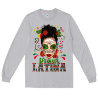 Moon Dust Proud Latina Skull Girl Messy Bun Long Sleeve Tee - texasbilliewilder