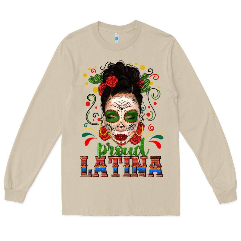 Proud Latina Skull Girl Messy Bun Long Sleeve Tee by texasbilliewilder | Teevron