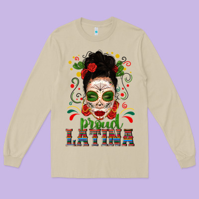 Proud Latina Skull Girl Messy Bun Long Sleeve Tee Designed By Texasbilliewilder