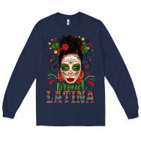 Navy Proud Latina Skull Girl Messy Bun Long Sleeve Tee - texasbilliewilder