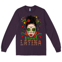 Plum Proud Latina Skull Girl Messy Bun Long Sleeve Tee - texasbilliewilder