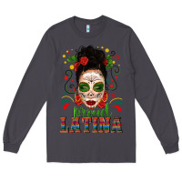 Smoke Proud Latina Skull Girl Messy Bun Long Sleeve Tee - texasbilliewilder