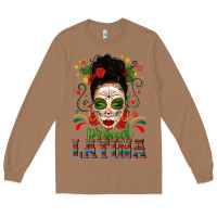 Toasted Coconut Proud Latina Skull Girl Messy Bun Long Sleeve Tee - texasbilliewilder