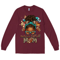 Burgundy American Football Mom Afro Messy Bun Long Sleeve Tee - texasbilliewilder