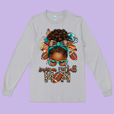 American Football Mom Afro Messy Bun Long Sleeve Tee Designed By Texasbilliewilder