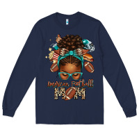 Navy American Football Mom Afro Messy Bun Long Sleeve Tee - texasbilliewilder