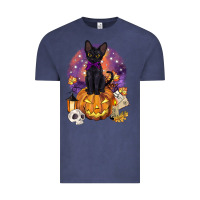 Vintage Denim halloween black cat pumpkin Vintage Tee - BarkalooDesign