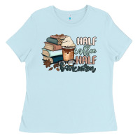 Baby Blue half coffee half bookworm Ladies Tee - MaliasSmallBusiness