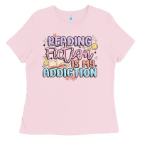 Bubblegum Pink reading fiction is my addiction Ladies Tee - MaliasSmallBusiness