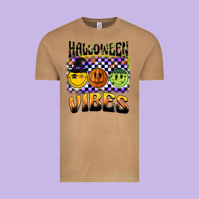 Halloween Vibes Smiley Face Vintage Tee Designed By Barkaloodesign
