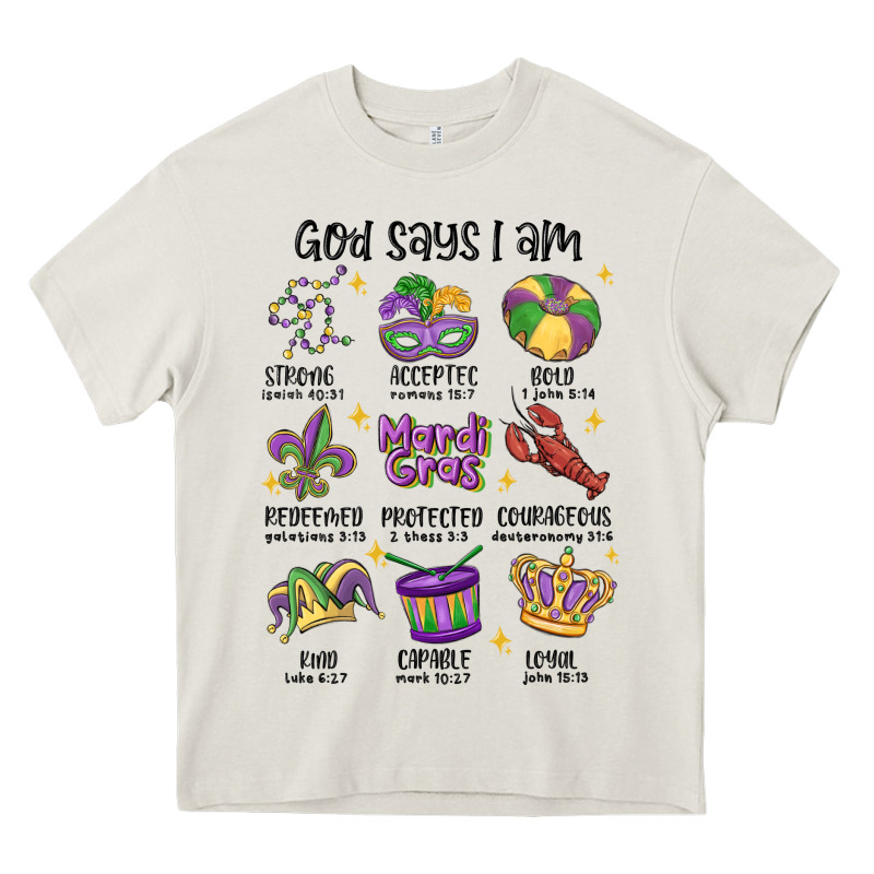 God Says I Am Mardi Gras Heavy Core Tee by MaliasSmallBusiness | Teevron