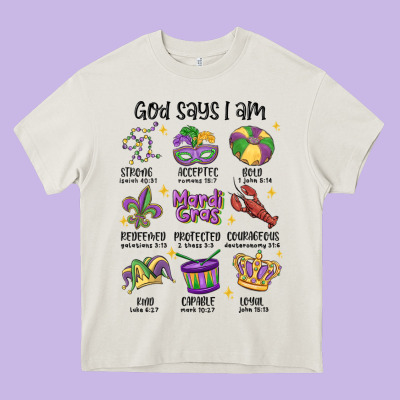 God Says I Am Mardi Gras Heavy Core Tee Designed By Maliassmallbusiness