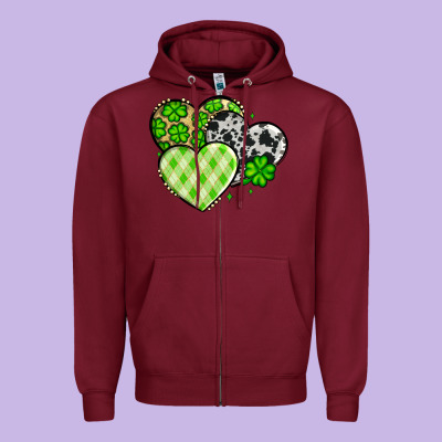St. Patrick's Day Cowhide Hearts Zipper Hoodie Designed By Oliviacreatesart