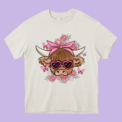Cow With Flowers And Butterflies Heavy Core Tee Designed By Maliassmallbusiness