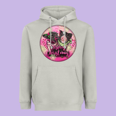 Pink Merry Christmas Pig Heavyweight Hoodie Designed By Fadigitalartstudio