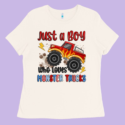 Just A Boy Who Loves Monster Trucks Ladies Tee Designed By Maliassmallbusiness