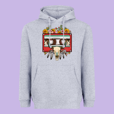 Bull Skull Sunflower Floral Cassette Heavyweight Hoodie Designed By Fadigitalartstudio