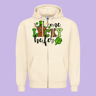 St. Patrick's Day One Lucky Heifer Zipper Hoodie Designed By Oliviacreatesart