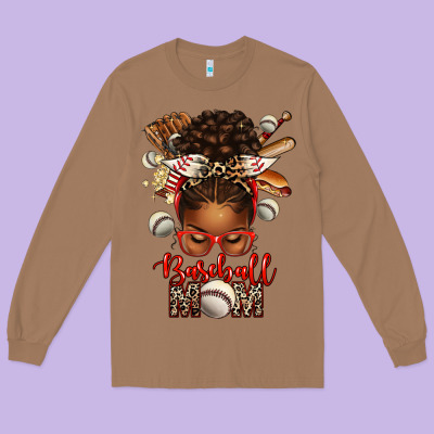 Baseball Mom Afro Messy Bun Long Sleeve Tee Designed By Texasbilliewilder