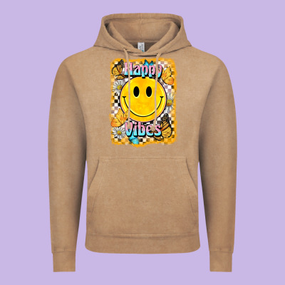 Happy Vibes Smiley Face Vintage Hoodie Designed By Barkaloodesign
