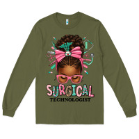 Army Green Surgical Technologist Afro Messy Bun Long Sleeve Tee - texasbilliewilder