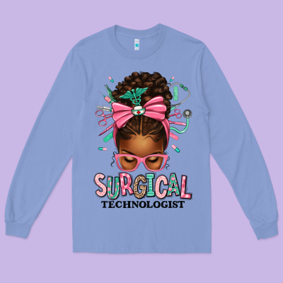 Surgical Technologist Afro Messy Bun Long Sleeve Tee Designed By Texasbilliewilder
