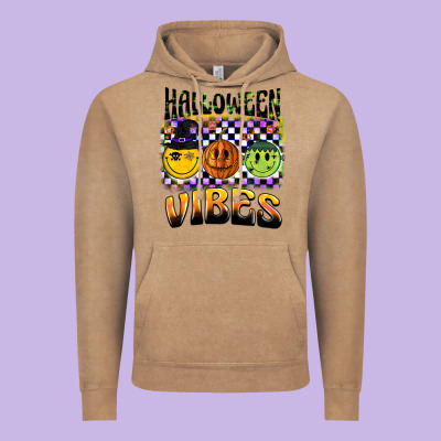 Halloween Vibes Smiley Face Vintage Hoodie Designed By Barkaloodesign