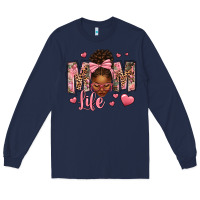 Navy Afro Messy Bun Mom Life Long Sleeve Tee - texasbilliewilder