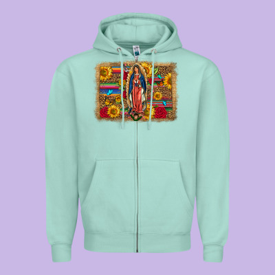 Our Lady Of Guadalupe Glitter Leopard Flowers Zipper Hoodie Designed By Fadigitalartstudio