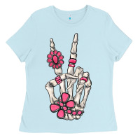 Baby Blue pink gemstone peace skeleton hand Ladies Tee - MaliasSmallBusiness