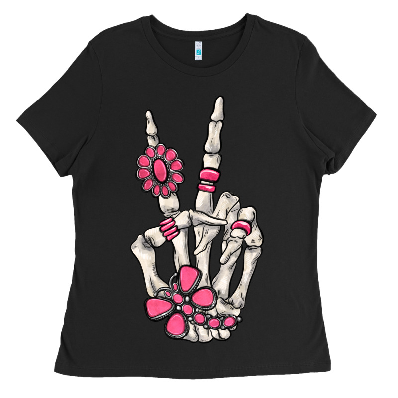 Pink Gemstone Peace Skeleton Hand Ladies Tee by MaliasSmallBusiness | Teevron