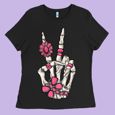 Pink Gemstone Peace Skeleton Hand Ladies Tee Designed By Maliassmallbusiness
