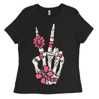 Black pink gemstone peace skeleton hand Ladies Tee - MaliasSmallBusiness