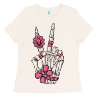 Bone pink gemstone peace skeleton hand Ladies Tee - MaliasSmallBusiness