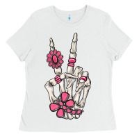 White pink gemstone peace skeleton hand Ladies Tee - MaliasSmallBusiness