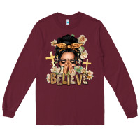 Burgundy Black Hair Believe Praying Caucasian Messy Bun Long Sleeve Tee - texasbilliewilder