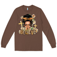 Chestnut Black Hair Believe Praying Caucasian Messy Bun Long Sleeve Tee - texasbilliewilder