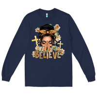 Navy Black Hair Believe Praying Caucasian Messy Bun Long Sleeve Tee - texasbilliewilder