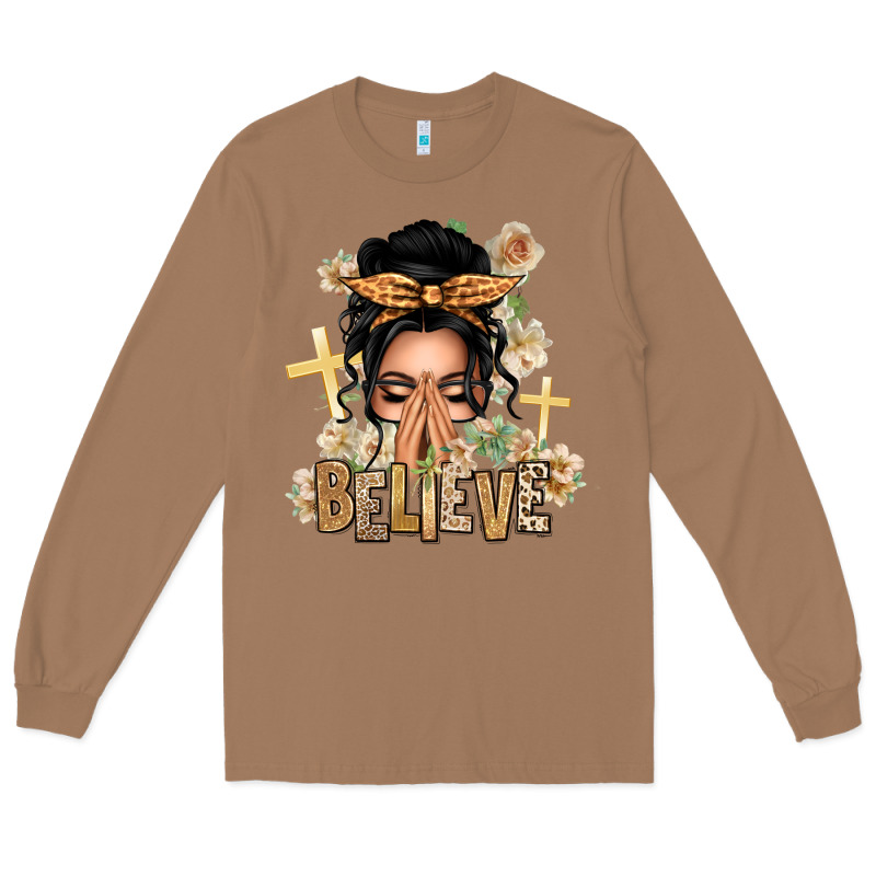 Black Hair Believe Praying Caucasian Messy Bun Long Sleeve Tee by texasbilliewilder | Teevron