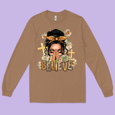 Black Hair Believe Praying Caucasian Messy Bun Long Sleeve Tee Designed By Texasbilliewilder