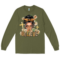 Army Green Gray Hair Believe Praying Caucasian Messy Bun Long Sleeve Tee - texasbilliewilder