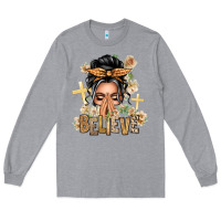 Heather Grey Gray Hair Believe Praying Caucasian Messy Bun Long Sleeve Tee - texasbilliewilder