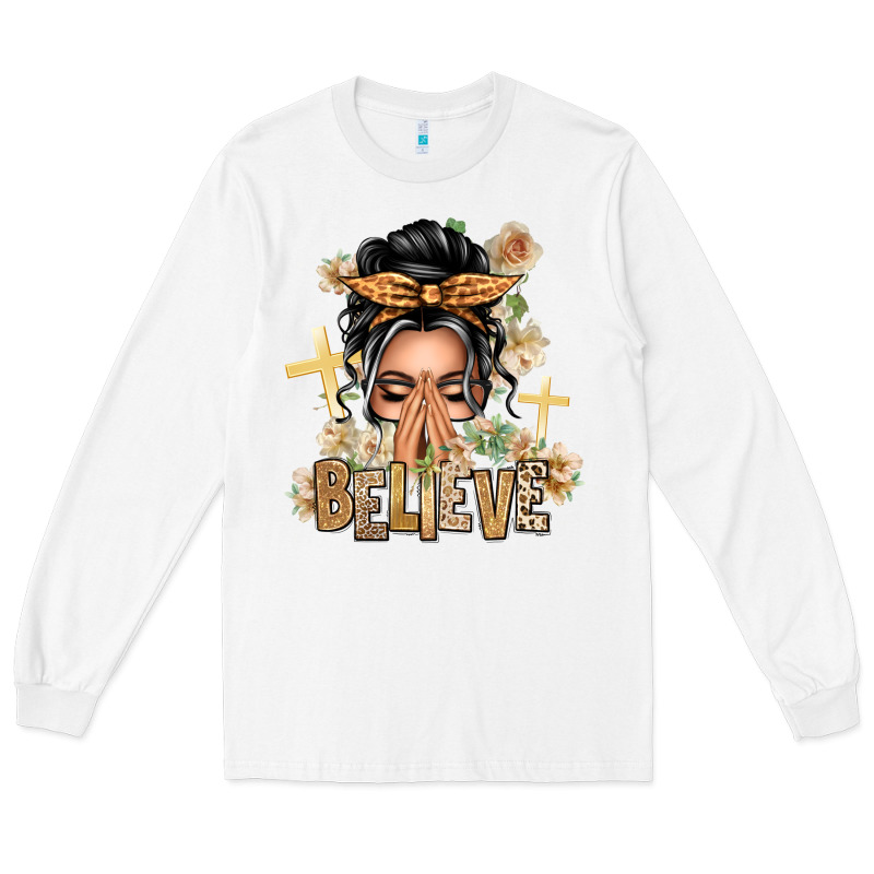 Gray Hair Believe Praying Caucasian Messy Bun Long Sleeve Tee by texasbilliewilder | Teevron