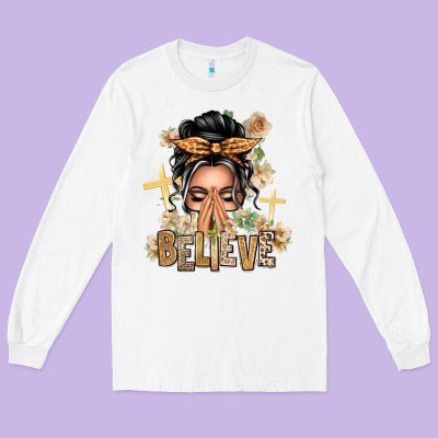 Gray Hair Believe Praying Caucasian Messy Bun Long Sleeve Tee Designed By Texasbilliewilder