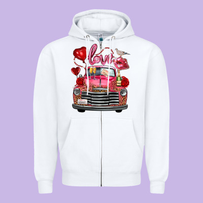 Western Valentines Day Truck Love Bird Letter Zipper Hoodie Designed By Fadigitalartstudio