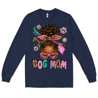 Navy Afro Messy Bun Dog Mom Long Sleeve Tee - texasbilliewilder
