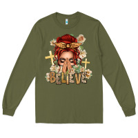 Army Green Red Hair Believe Praying Caucasian Messy Bun Long Sleeve Tee - texasbilliewilder