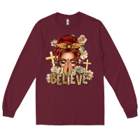 Burgundy Red Hair Believe Praying Caucasian Messy Bun Long Sleeve Tee - texasbilliewilder