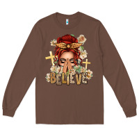Chestnut Red Hair Believe Praying Caucasian Messy Bun Long Sleeve Tee - texasbilliewilder